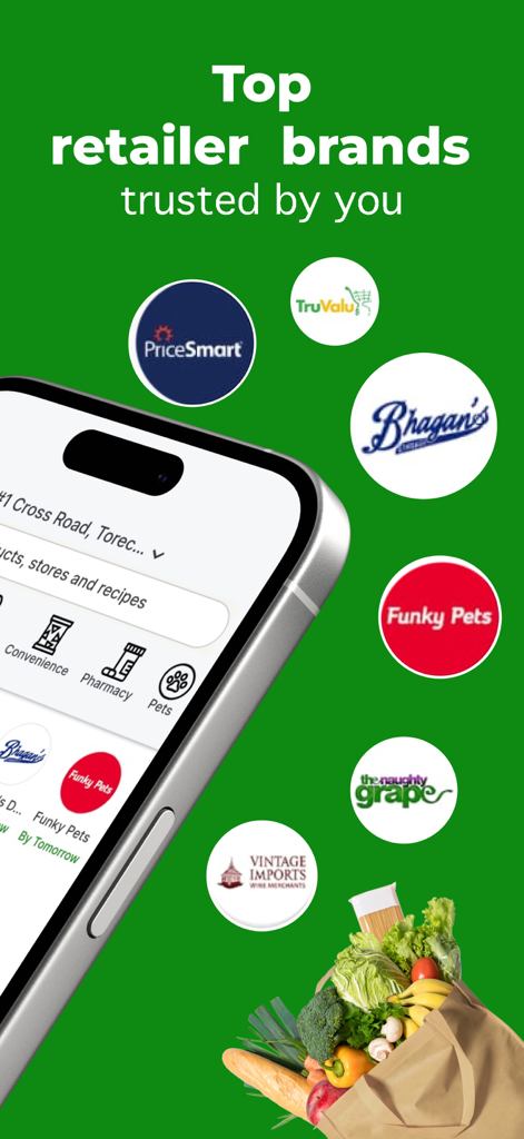Food Depot App-Bildschirm, der vertrauenswürdige Einzelhandelsmarken und eine Tüte mit frischen Lebensmitteln zeigt
