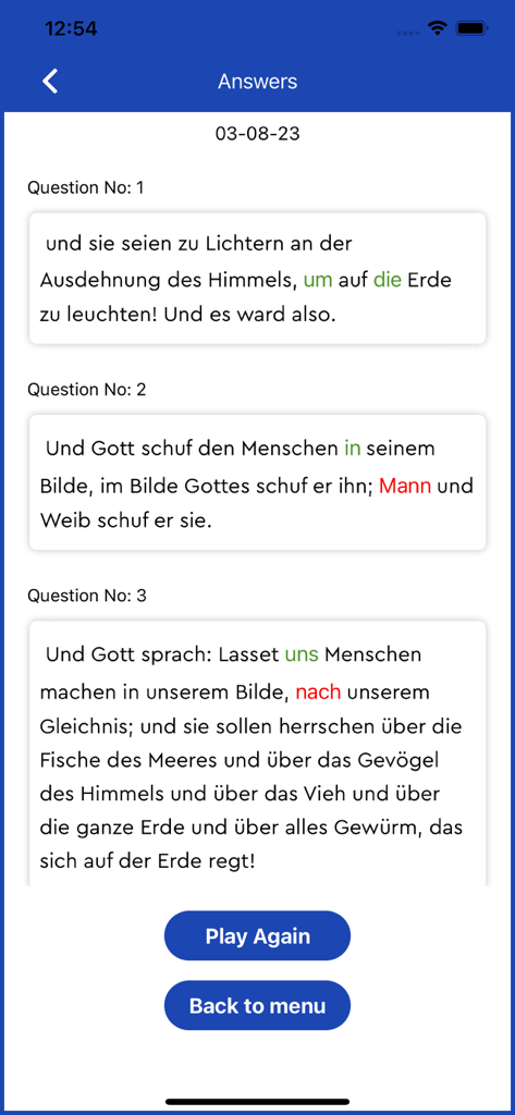 German Bible Trivia Game - 독일어 성경 구절이 표시된 독일어 성경 퀴즈 앱의 정답 화면 스크린샷.