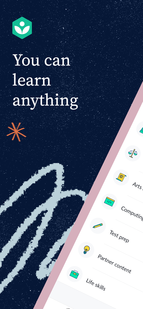 Khan Academy - Khan Academy mobile app welcome screen featuring the tagline You can learn anything and a menu of educational categories
