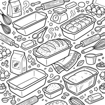 Explore the heartwarming world of baking with this delightful coloring page featuring an array of loaf pans and freshly baked bread. Surrounded by essential kitchen tools and ingredients, this design invites you to add a splash of color to your culinary dreams.