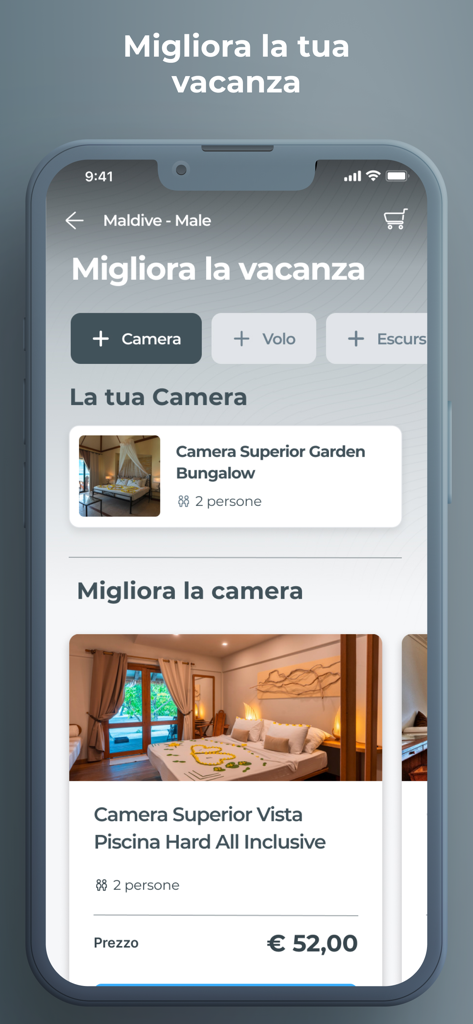 Interface mobile de l'application my Alpitour World montrant les options de surclassement de chambre pour des vacances aux Maldives