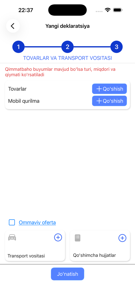 Yo'lovchi deklaratsiyasi - The second step of the passenger customs declaration app for adding goods and vehicle details