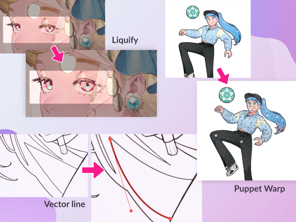 Fortschrittliche Funktionen in Clip Studio Paint, die Liquify, Vektorlinienmanipulation und Puppet Warp bei Anime-Illustrationen zeigen.