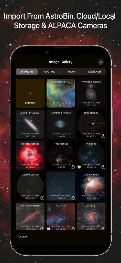 SkySafari 8 Pro - SkySafari 8 Pro app screen showing a gallery of captured deep-sky objects including nebulae and galaxies