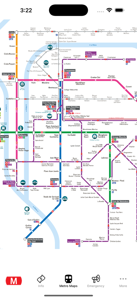 Lyon Subway Map - Une carte complète du réseau de métro et de tramway de Lyon dans l'application