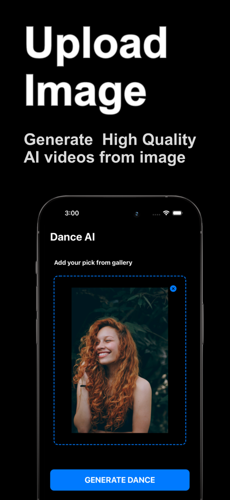 AI Dance Generator - DanceAI - Pantalla de un teléfono móvil mostrando la interfaz de la aplicación DanceAI para subir una imagen y generar un video de baile IA.