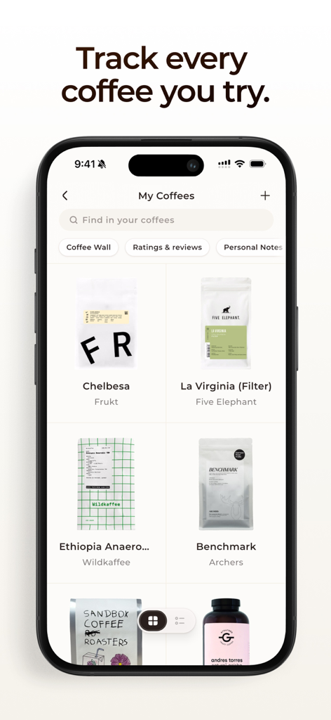 A smartphone interface for the Coffi app showing a digital library of specialty coffee bags in a grid view under the My Coffees section.