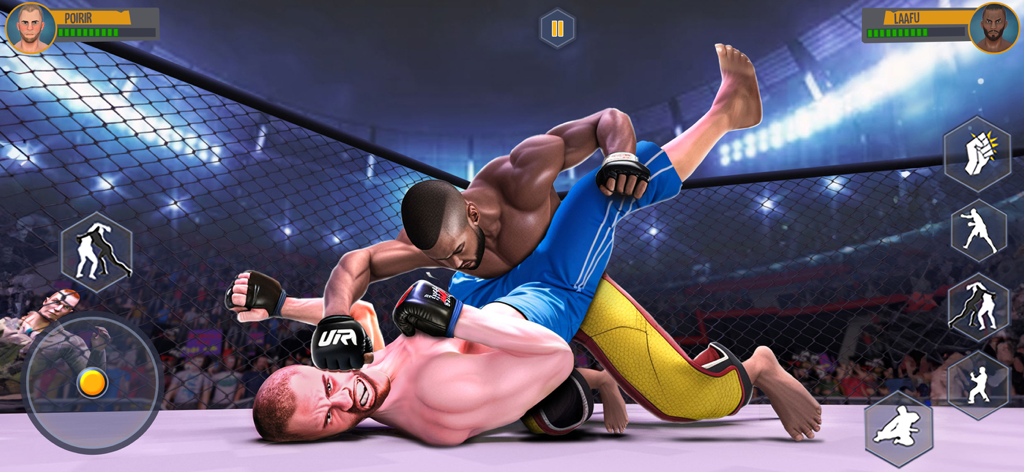Action scene from Martial Arts Fight Games 26 showing two fighters grappling in a cage.