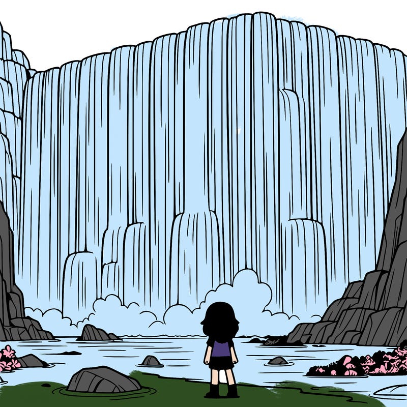 a giant waterfall with a girl standing looking at it