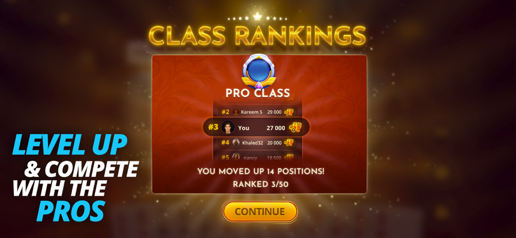 Tarneeb Masters - لعبة طرنيب - Tarneeb Masters game rankings screen showing the Pro Class leaderboard.