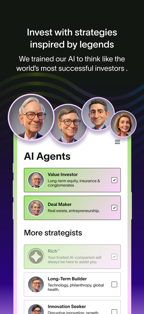 Richify app interface showing AI investment agents inspired by famous investors for wealth building strategies