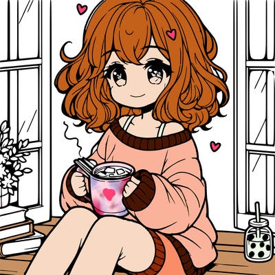 cute anime girl reading book and drinking hot chocolate from mug with loose wavy hair wearing a baggy sweatshirt and shorts sitting by windowsill looking out