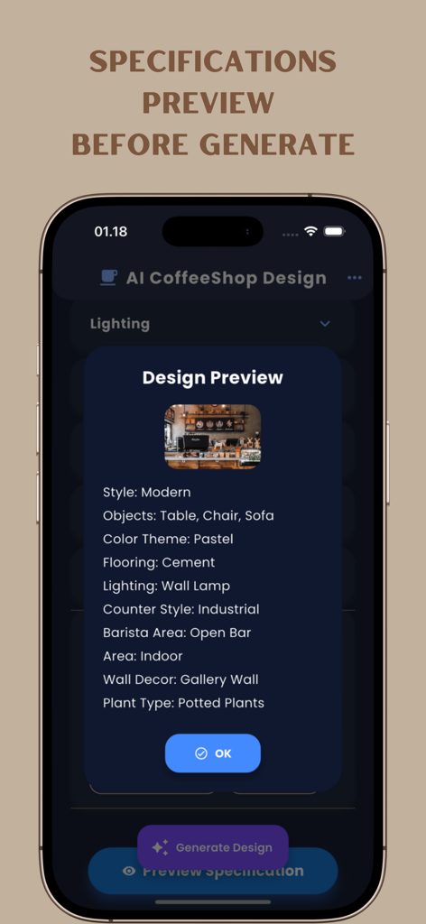 AI Coffee Shop Decorations - A smartphone screen displaying a coffee shop design preview with detailed specifications like modern style, industrial counter, and pastel color theme.