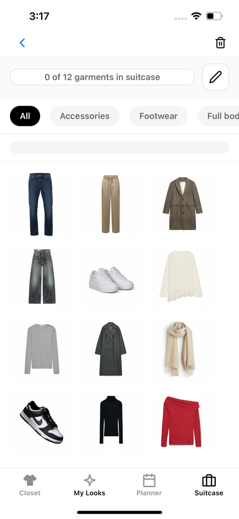 AI Dresser: Outfit Planner - AI Dresser outfit planner suitcase feature showing a catalog of clothes for travel packing