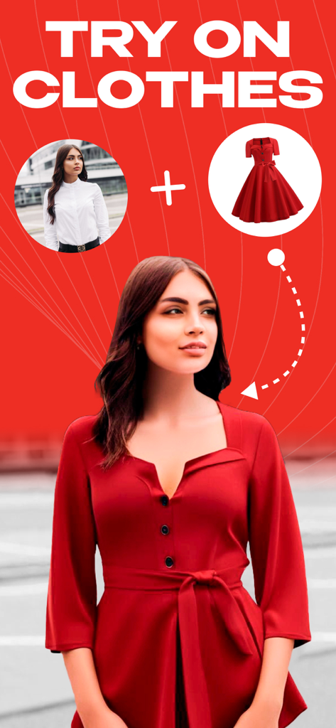 Virtual Clothes: Try on Outfit - Eine Demonstration der App-Funktion, die eine Frau zeigt, die virtuell ein rotes Kleid anprobiert.
