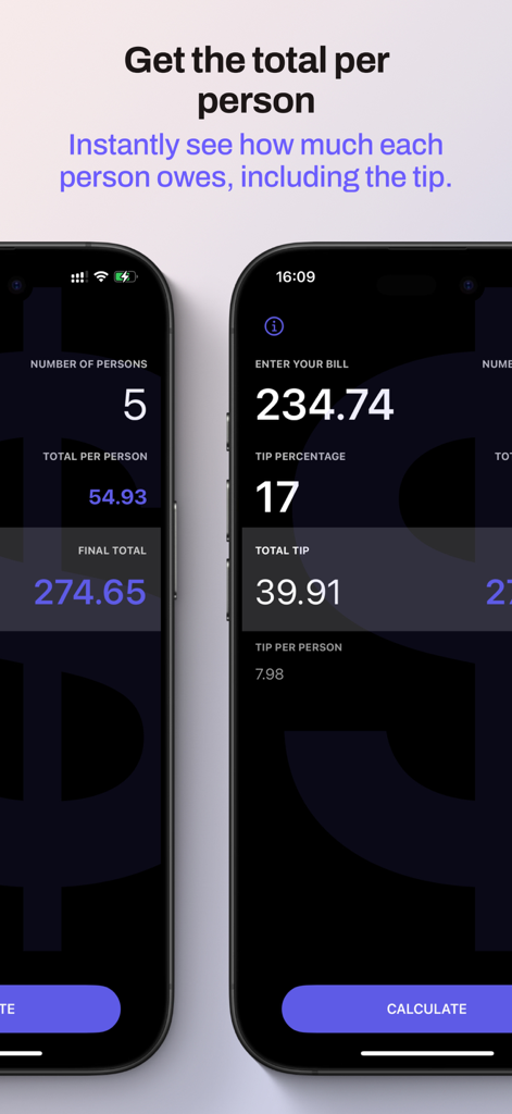 Schermate dell'app Tipio che mostrano la divisione del conto e i risultati del calcolo della mancia per persona su iPhone
