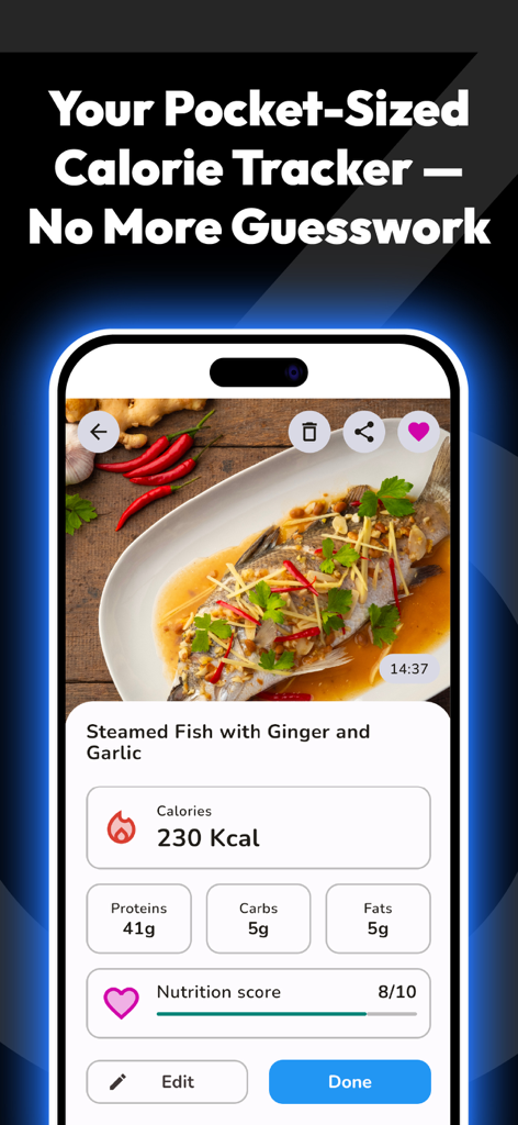 Simple AI Calorie Counter - A smartphone displaying a food analysis screen with calories macros and a nutrition score for a steamed fish meal