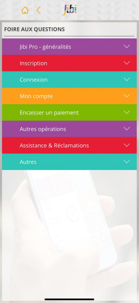 The Frequently Asked Questions screen of the Jibi Pro app featuring a colorful list of help topics like registration and payments.