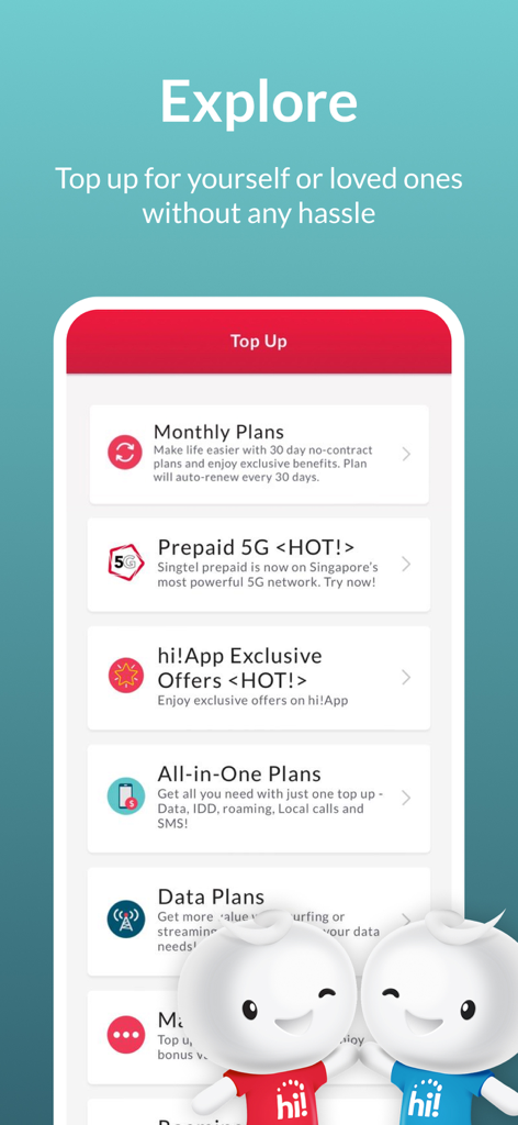 Auflademenü in der Singtel hi!App mit monatlichen, 5G- und All-in-One-Prepaid-Plänen.