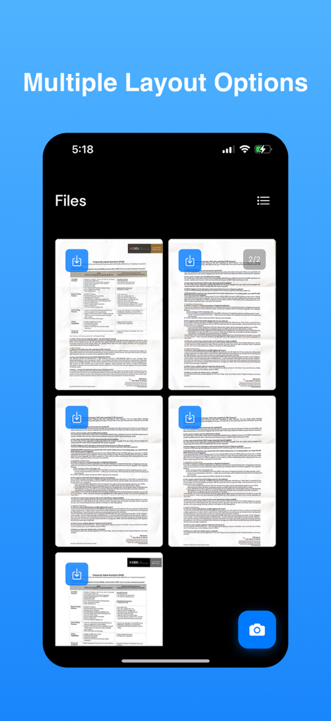 PDF Scanner - Easy Scan PDF - PDF Scanner App-Oberfläche, die eine Rasteransicht gescannter Dokumente mit mehreren Layoutoptionen zeigt.