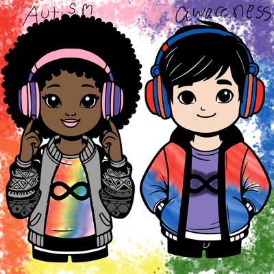 an afroamerican girl with headphones and a boy with headphones, they have an ♾️ symbol on their shirt