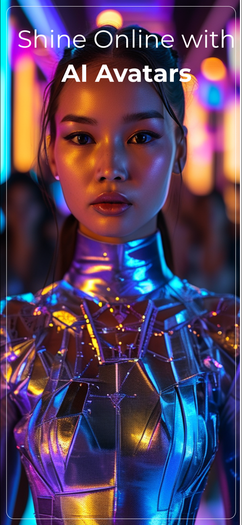 AI Image Generator - Magica - 네온 조명이 있는 금속 은색 의상을 입은 여성의 미래형 AI 생성 아바타