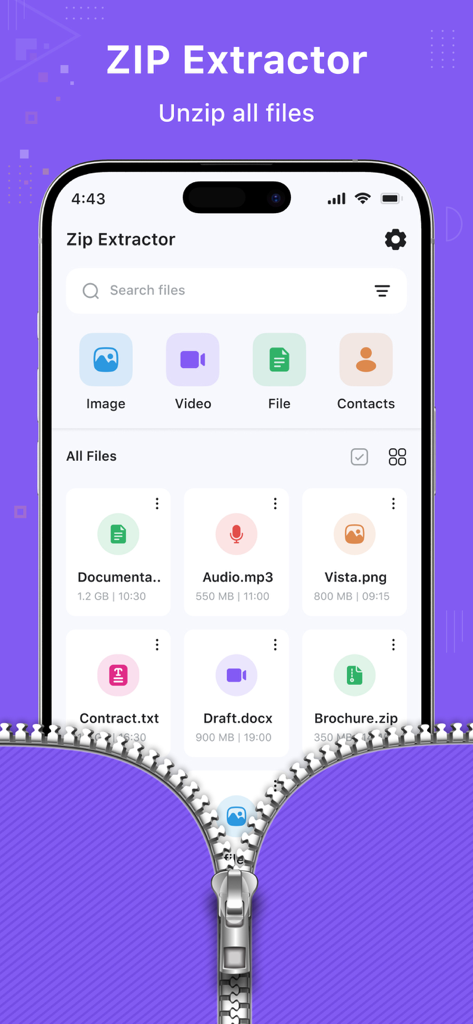 Zip Extractor : UnZIP & UnRAR - Interface of the Zip Extractor app on an iPhone showing file categories and organized documents for unzipping