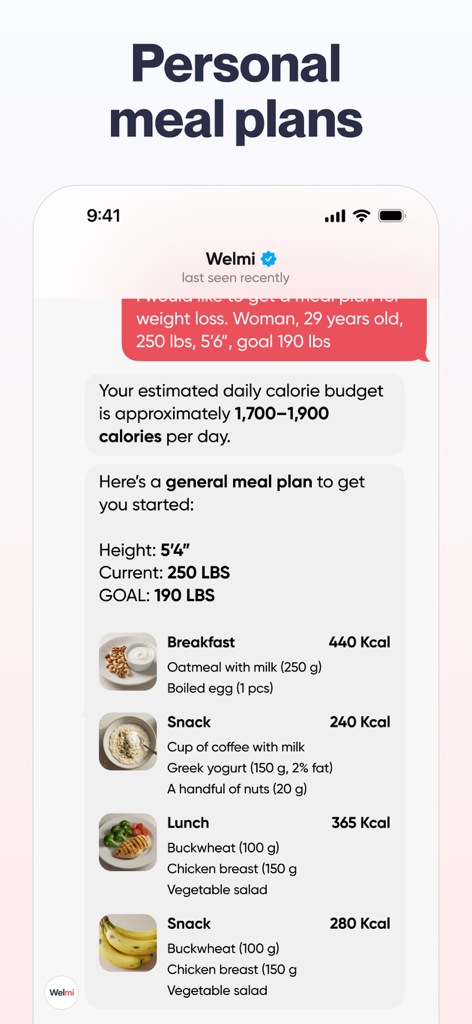 Ein personalisierter Diät-Essensplan in der Welmi App, der ein Kalorienbudget und tägliche Mahlzeitenvorschläge zeigt