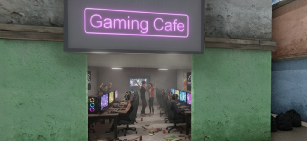 Un'insegna al neon di un Gaming Cafe sopra una stanza interna piena di postazioni computer e persone che giocano.