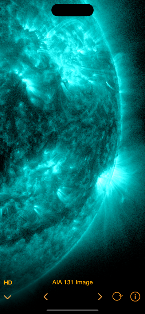Solar Alert: Protect your Life - Teal colored high definition image of the sun showing solar flare activity in the Solar Alert app interface