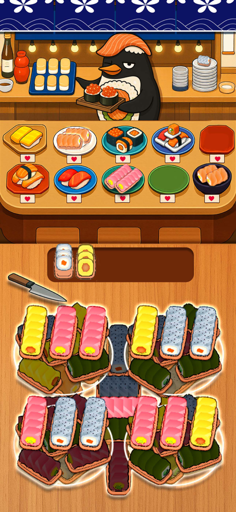 Sushi Sort - Jam Puzzle Games - Mobile game screen showing a penguin chef and a sushi sorting puzzle
