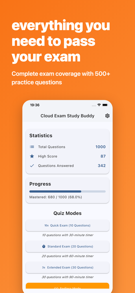 Panel de la aplicación de estudio del examen SC-401 Información de Seguridad mostrando el progreso de las estadísticas del examen y los modos de cuestionario
