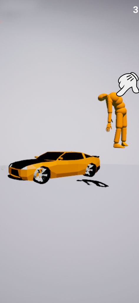 Break Ragdoll Bones 3D - An orange ragdoll dummy floating above a yellow sports car in a 3D physics game environment