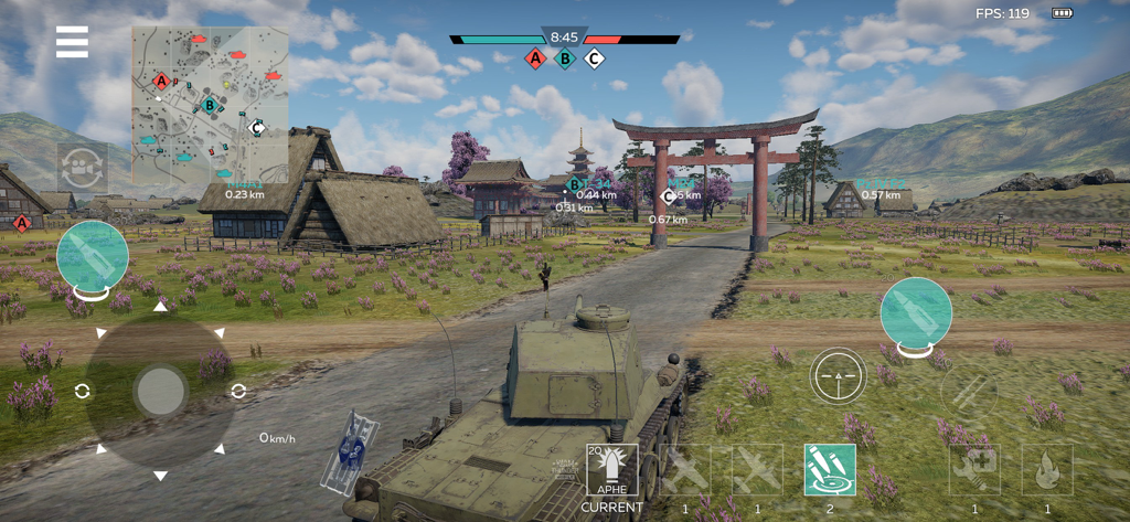 Gameplay screenshot of War Thunder Mobile showing a tank driving through a landscape with a traditional Japanese torii gate and village