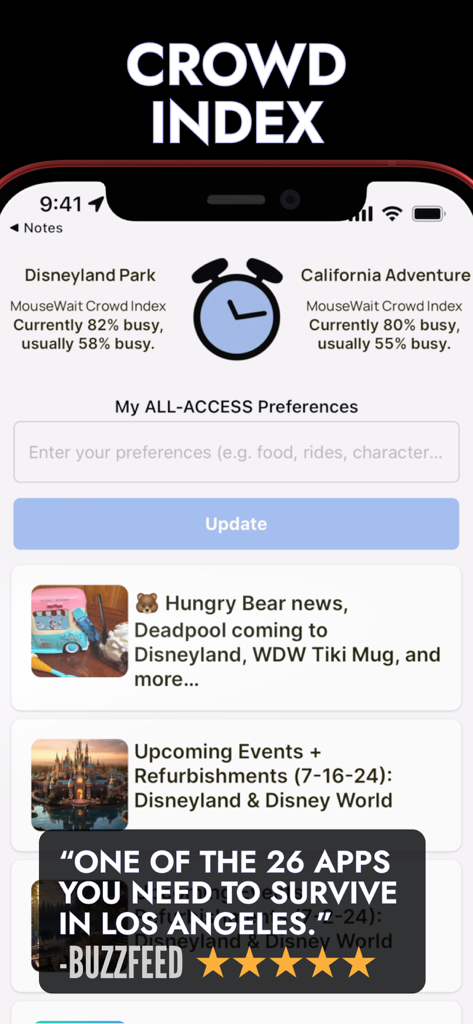 MouseWait for Disneyland - Screenshot of MouseWait app showing current crowd index for Disneyland and California Adventure with a BuzzFeed testimonial.