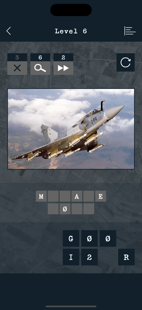 Level 6 of Guess the Modern Aircraft game showing a French Mirage 2000 fighter jet
