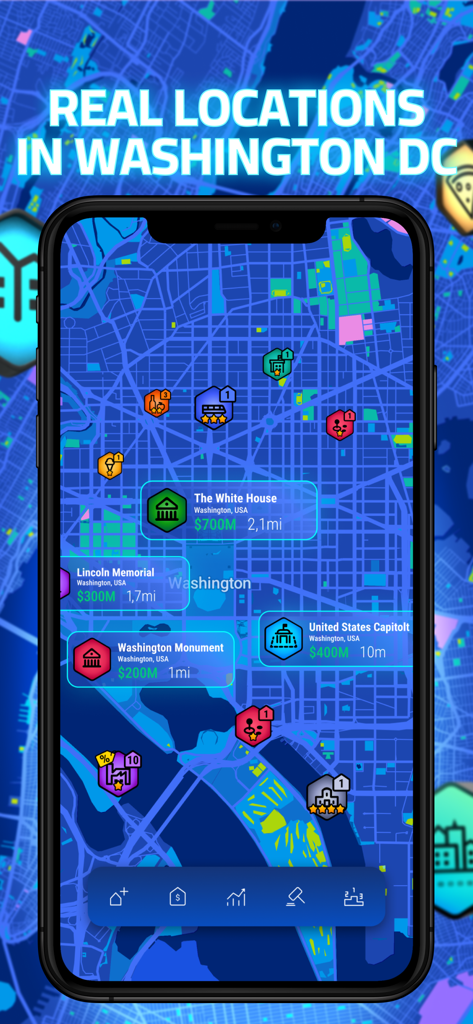 Get Rent: Trade Real Estate - Captura de pantalla del juego Get Rent que muestra inversiones inmobiliarias en un mapa real de Washington D.C. incluyendo la Casa Blanca y el Monumento a Lincoln.