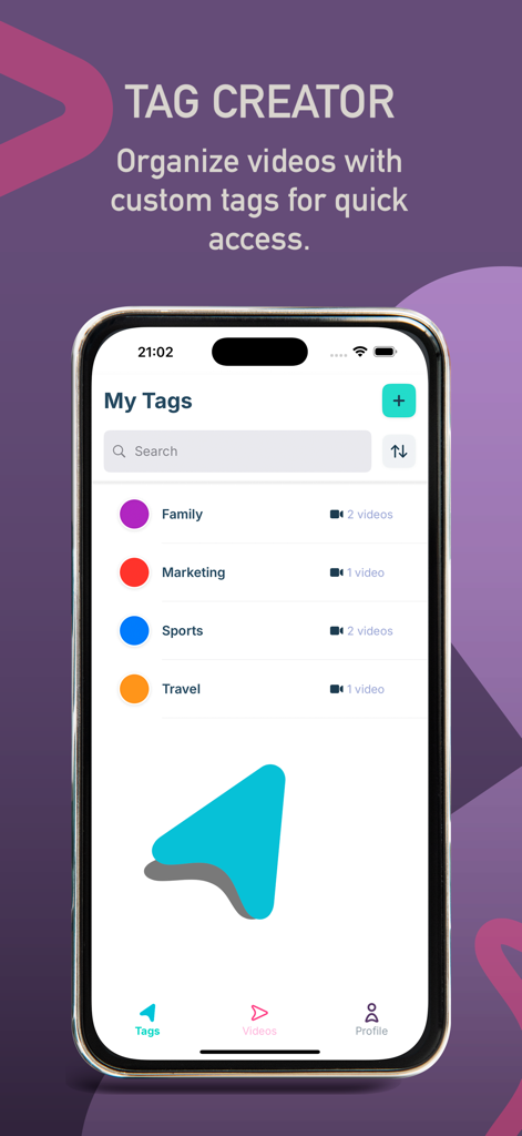 Video Tagger - Smartphone screen showing the custom tags list in the Video Tagger app including categories for Family Marketing Sports and Travel
