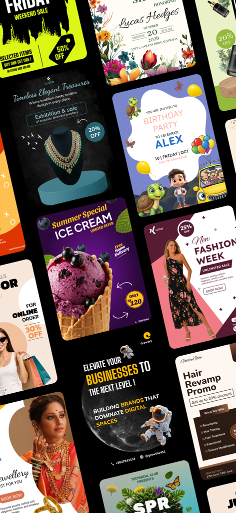 Uma coleção de diversos templates de posters e mídias sociais gerados por IA para vários eventos e negócios.