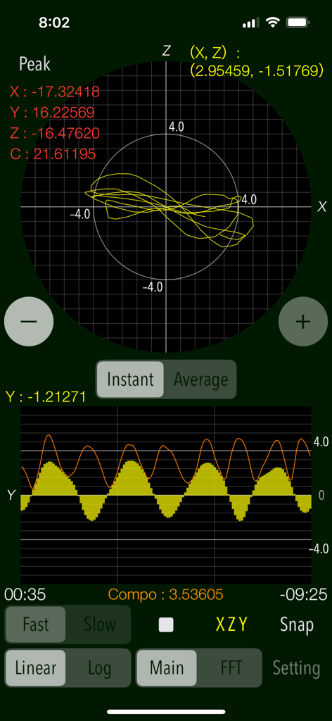 Interfaz de la aplicación Vibroscope que muestra gráficos de medición de vibraciones en tiempo real y valores de aceleración máxima