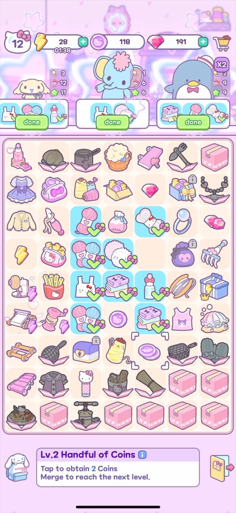 Hello Kitty My Dream Store merge puzzle board featuring Sanrio characters and items