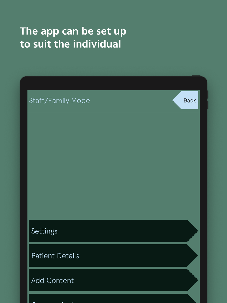 ICU Communication App - iPad-Benutzeroberfläche, die den Personal- und Familienmodus zur Personalisierung der Einstellungen der ICU Kommunikations-App zeigt