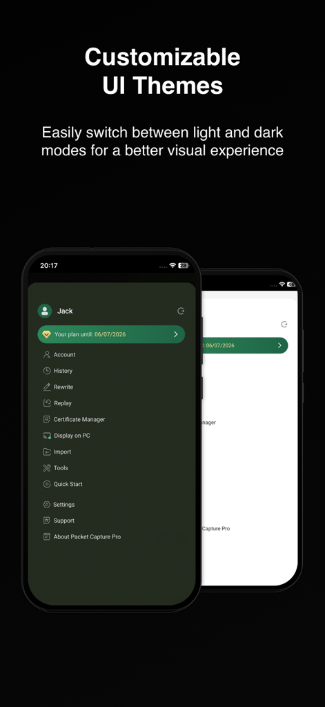 Packet Capture Pro: HTTPS - Temas claros y oscuros personalizables de la interfaz de Packet Capture Pro