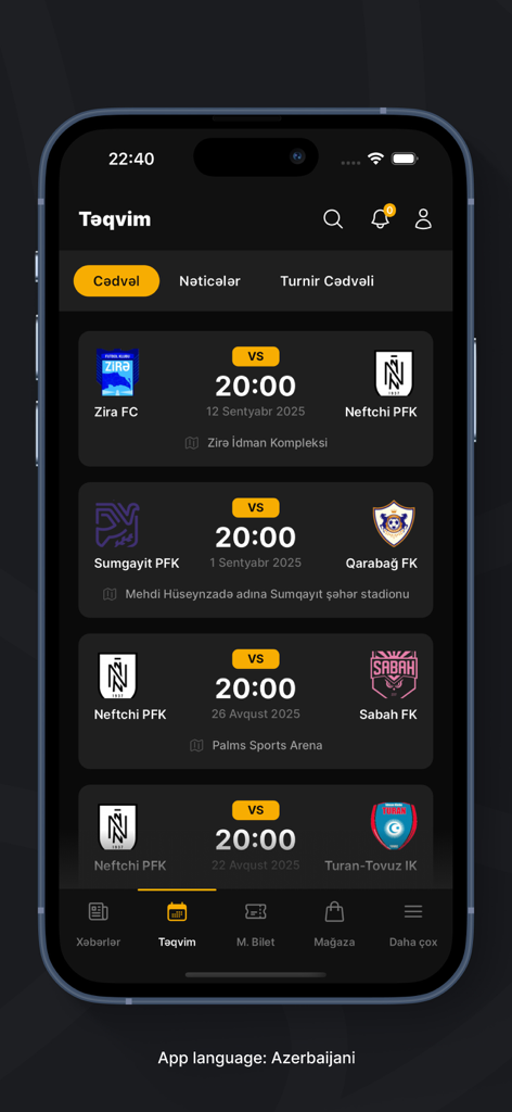 A mobile screen from the Neftchi PFK app displaying the upcoming match schedule and football fixtures.