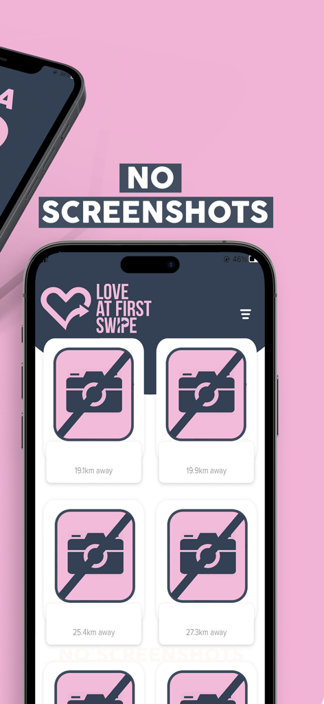 Love at First Swipe dating app interface emphasizing the no screenshots security feature