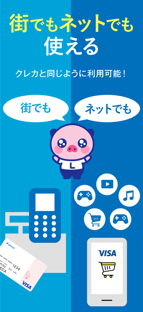 Vプリカ＋ - Infografik, die zeigt, wie die V-Preca Plus Visa Prepaid-Karte sowohl für physische Zahlungen im Geschäft als auch für Online-Digitaleinkäufe wie Spiele und Shopping verwendet wird.