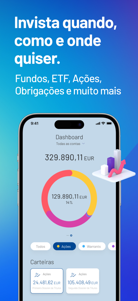 Best Bank - Captura de tela do aplicativo móvel Best Bank mostrando o painel do portfólio de investimentos com gráfico de alocação de ativos e saldos