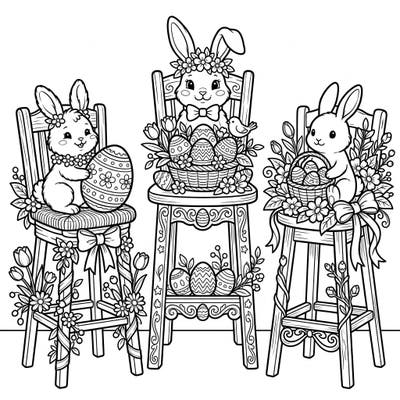 Get ready for spring with this adorable Easter coloring page featuring three charming bunnies nestled on beautifully decorated counter stools. Each stool is adorned with festive eggs, vibrant spring blossoms, and delightful ribbons, waiting for your creative touch.