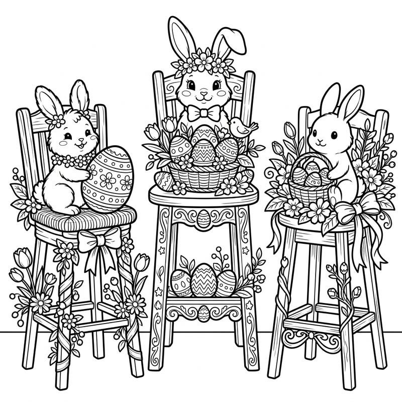 Get ready for spring with this adorable Easter coloring page featuring three charming bunnies nestled on beautifully decorated counter stools. Each stool is adorned with festive eggs, vibrant spring blossoms, and delightful ribbons, waiting for your creative touch.