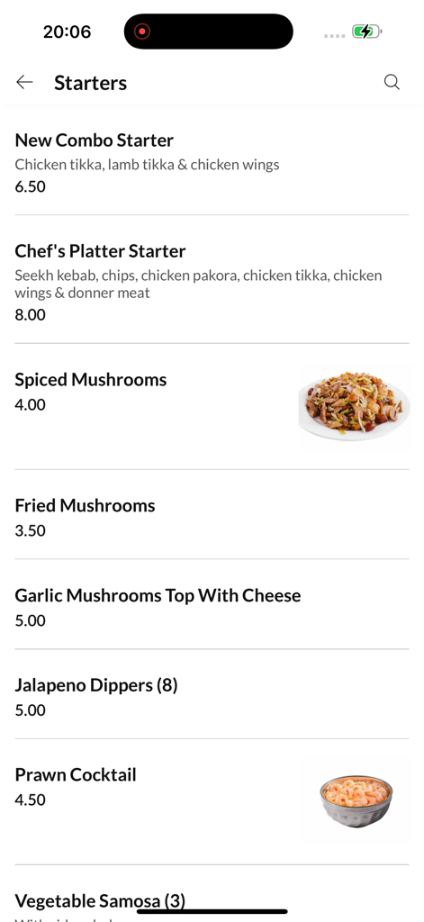 The Village Port Glasgow - Mobile app screen showing the starters menu of The Village Port Glasgow with items like mushrooms and prawn cocktail.
